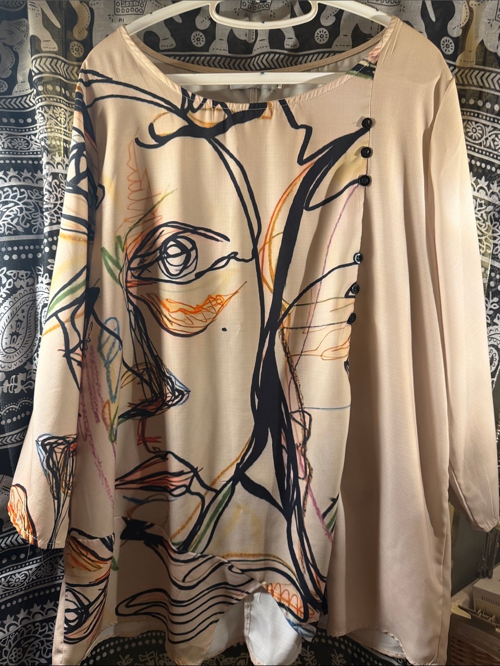 MISSLOOK Beige Top with Black Abstract Brush Print